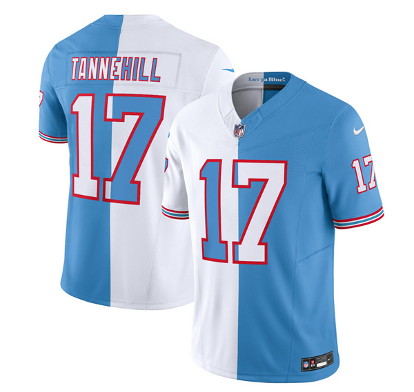 Men’s Tennessee Titans #17 Ryan Tannehill White Blue 2023 F.U.S.E. Split Vapor Limited Throwback Football Stitched Jersey