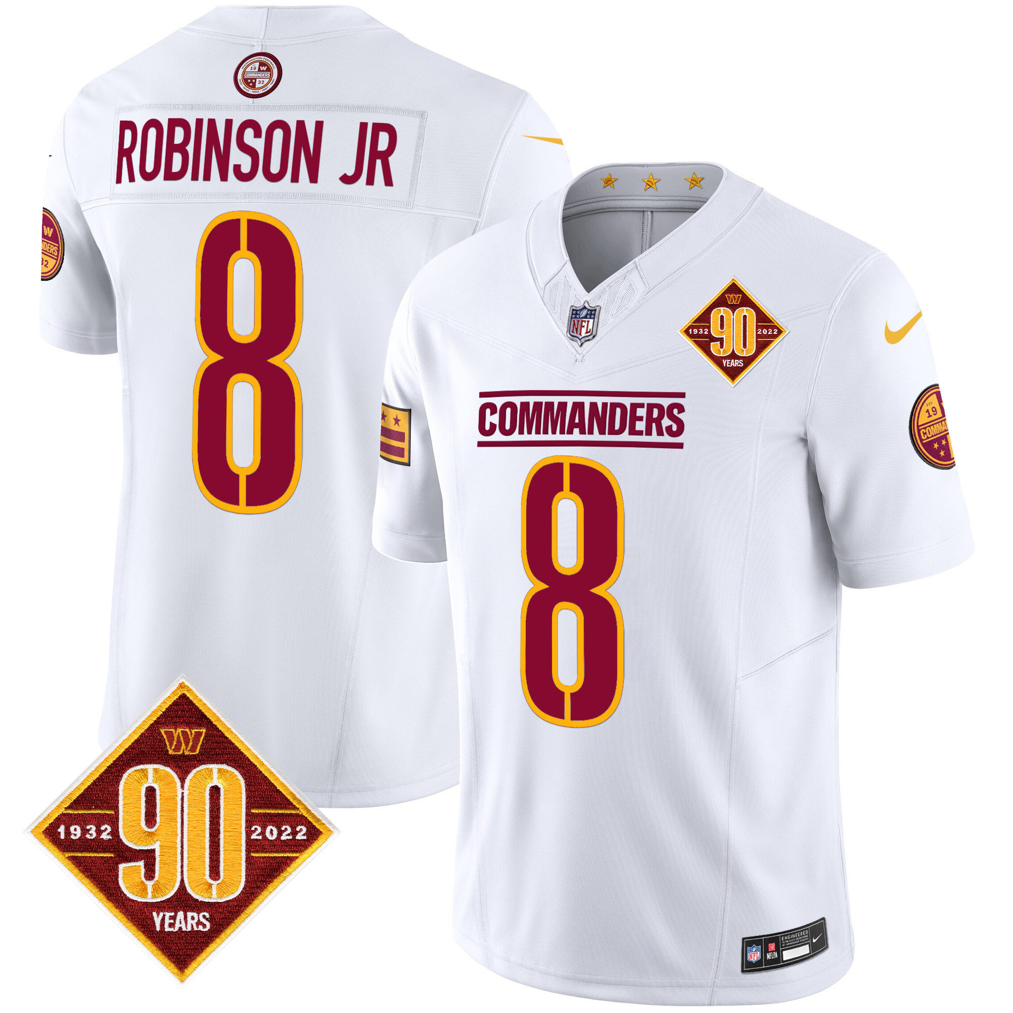 Men’s Washington Commanders 90th Anniversary Patch Vapor Limited Jersey – All Stitched – White – Robinson Jr.