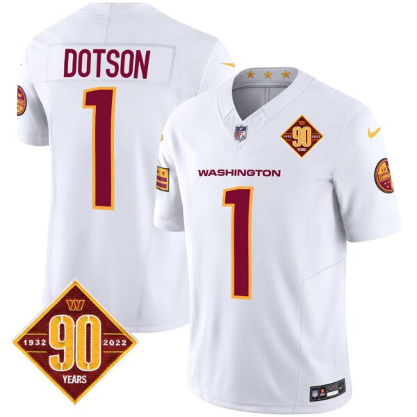 Men’s Washington Commanders 90th Anniversary Patch Vapor Jersey V3 – All Stitched – White – Jahan Dotson