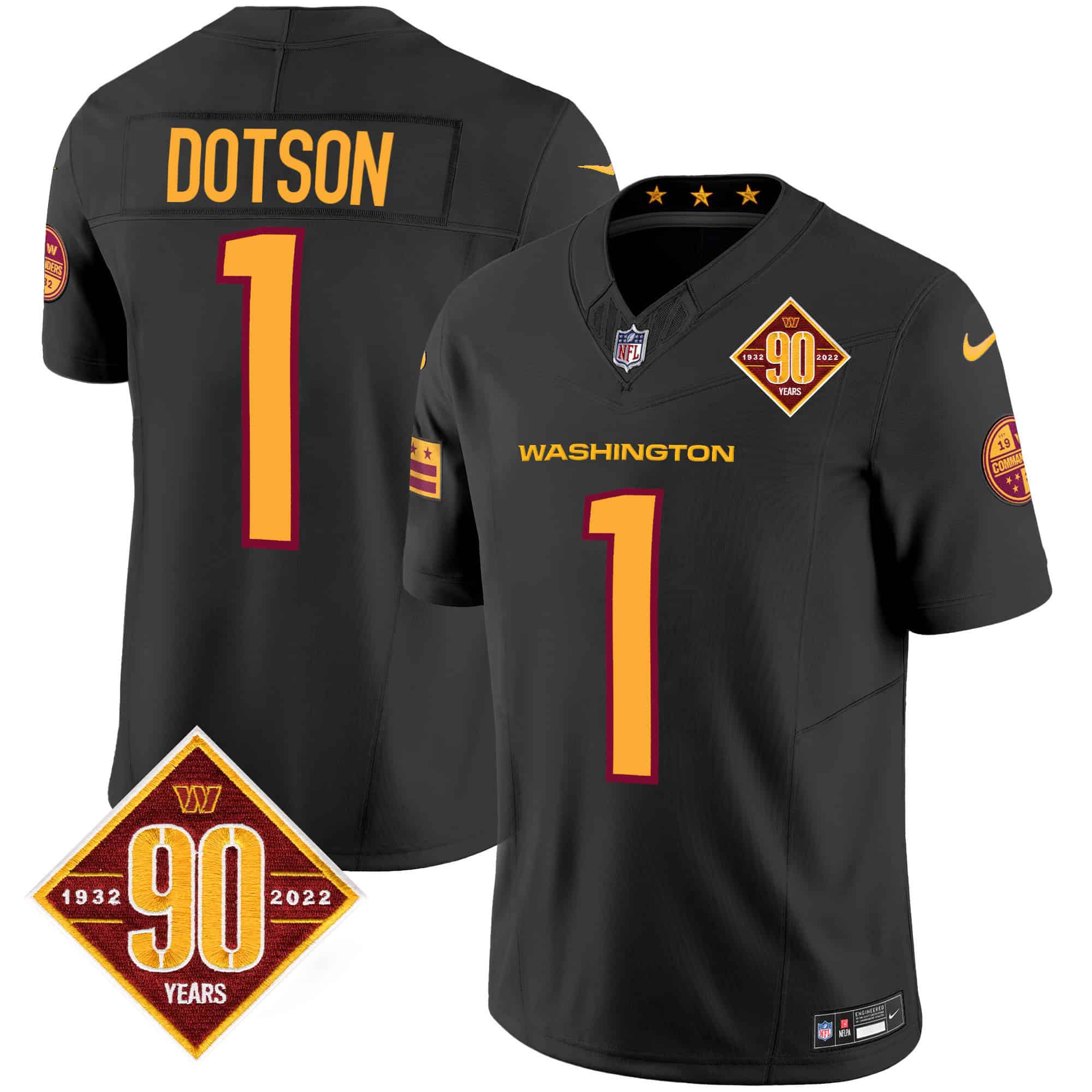 Men’s Washington Commanders 90th Anniversary Patch Vapor Jersey V3 – All Stitched – Black – Jahan Dotson