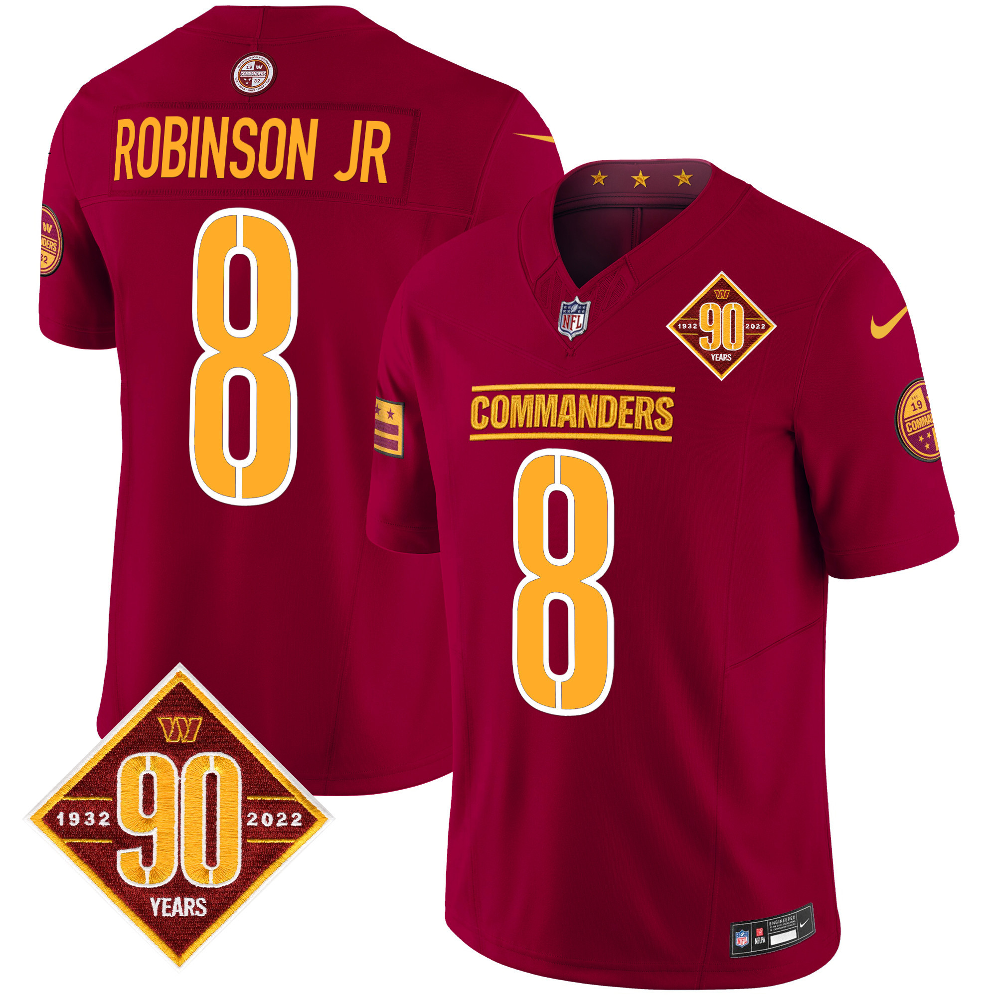 Men’s Washington Commanders 90th Anniversary Patch Vapor Limited Jersey – All Stitched – Burgundy – Robinson Jr.