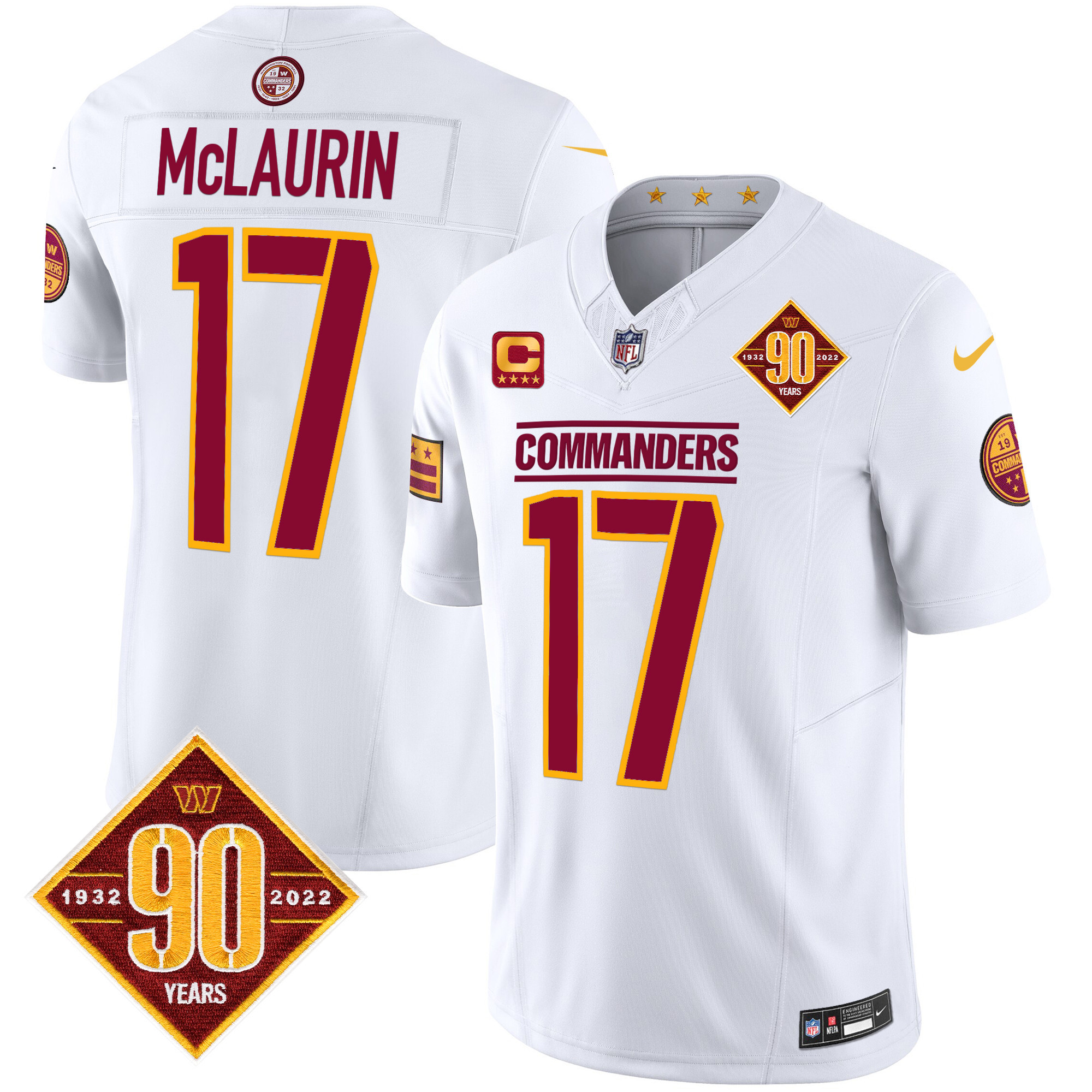 Men’s Washington Commanders 90th Anniversary Patch Vapor Limited Jersey – All Stitched – White – Terry McLaurin