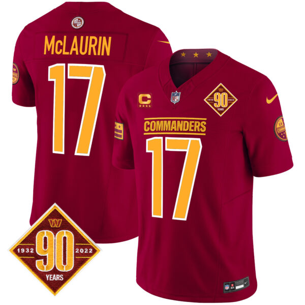 Men’s Washington Commanders 90th Anniversary Patch Vapor Limited Jersey – All Stitched – Burgundy – Terry McLaurin