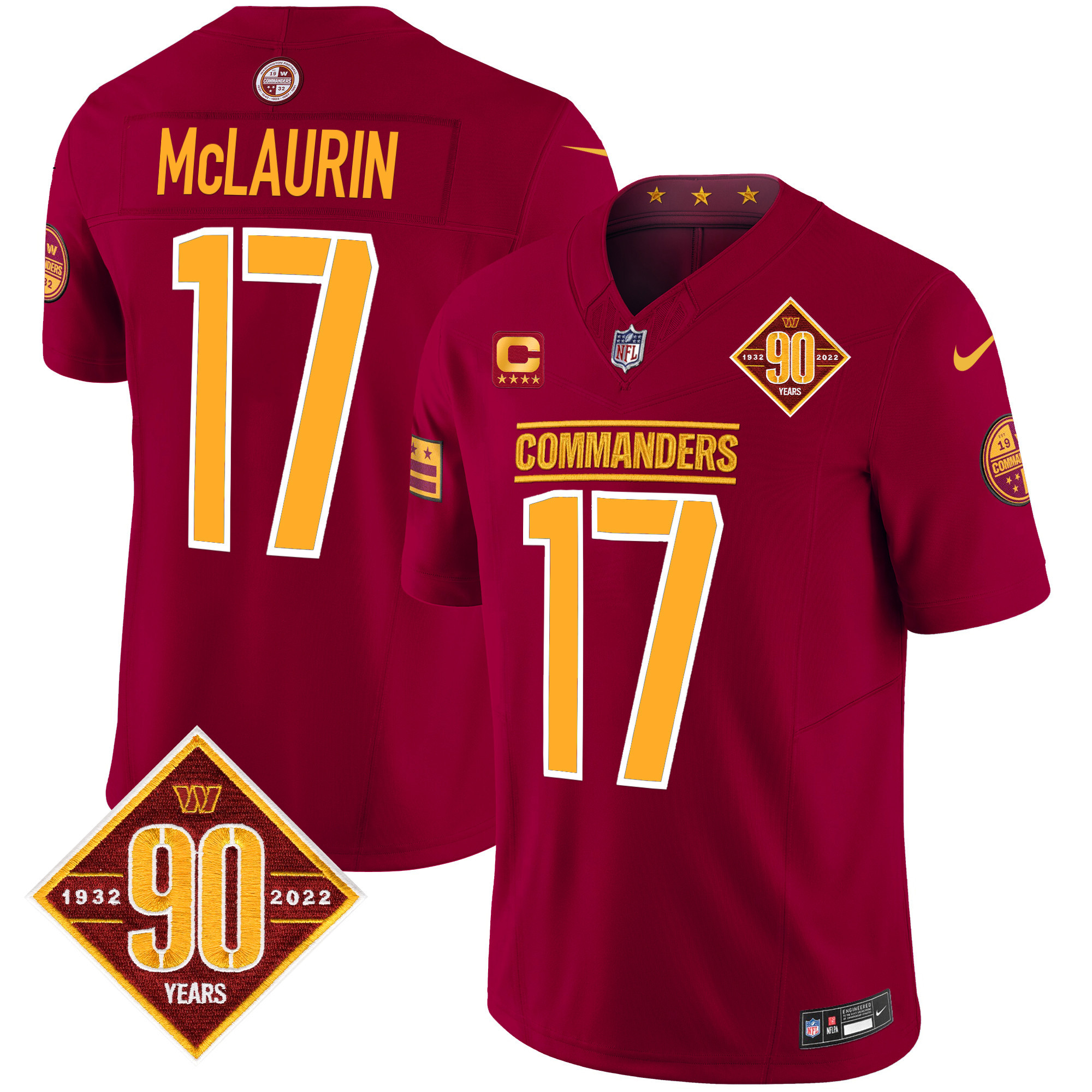 Men’s Washington Commanders 90th Anniversary Patch Vapor Limited Jersey – All Stitched – Burgundy – Terry McLaurin