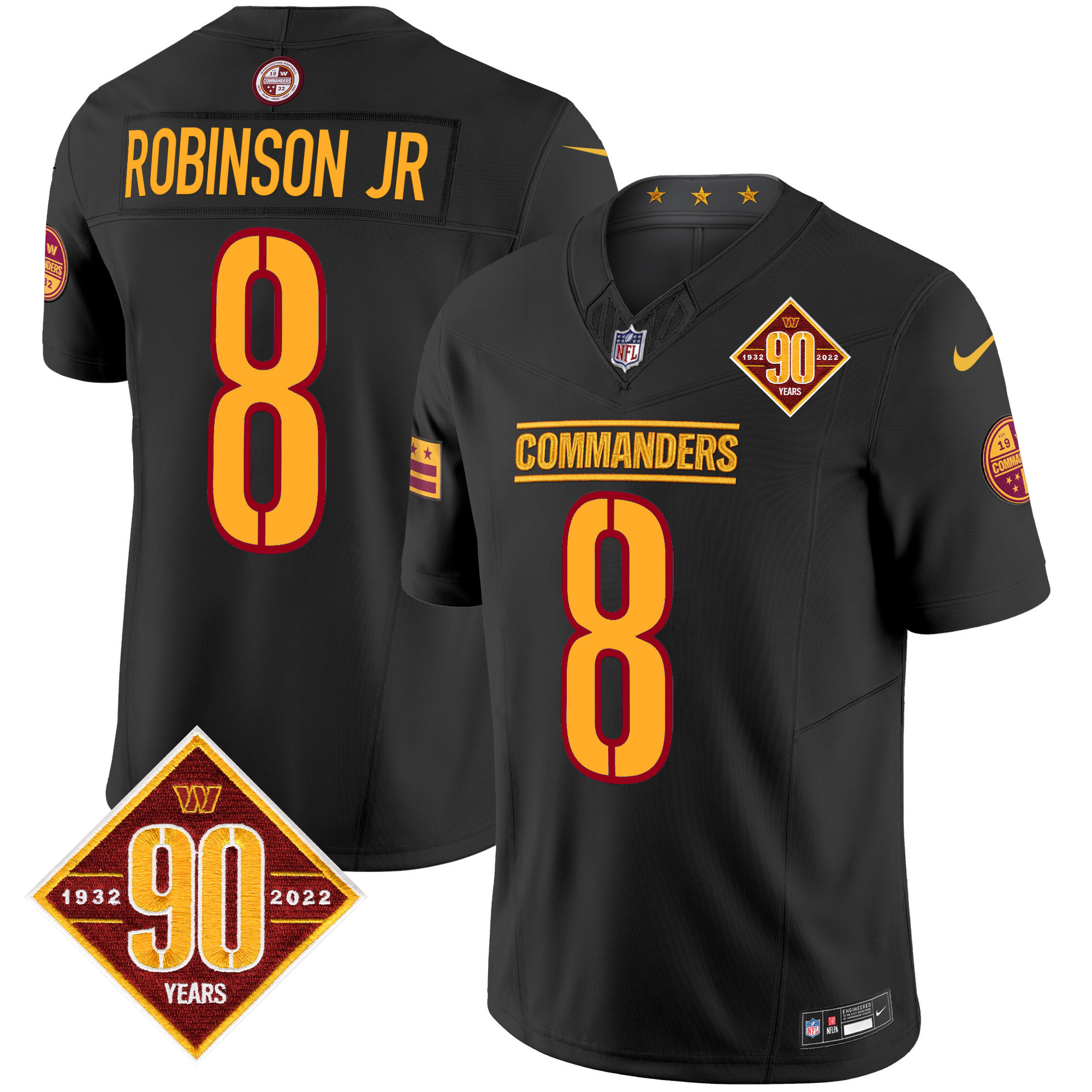 Men’s Washington Commanders 90th Anniversary Patch Vapor Limited Jersey – All Stitched – Black – Robinson Jr.