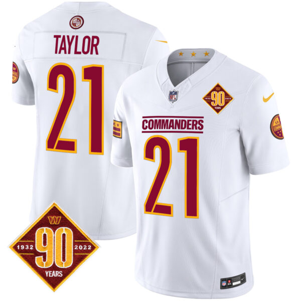 Men’s Washington Commanders 90th Anniversary Patch Vapor Limited Jersey – All Stitched – White – Sean Taylor