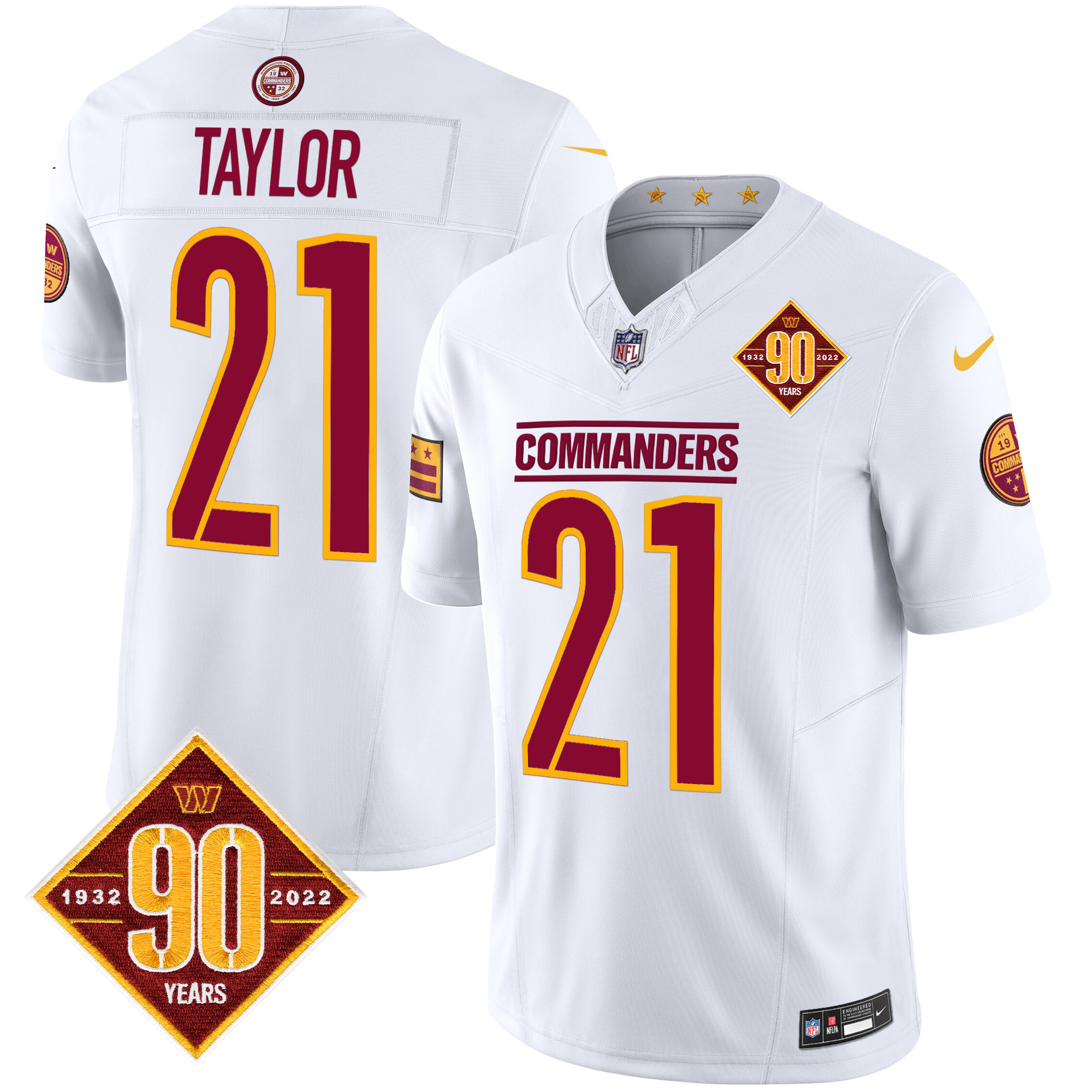 Men’s Washington Commanders 90th Anniversary Patch Vapor Limited Jersey – All Stitched – White – Sean Taylor