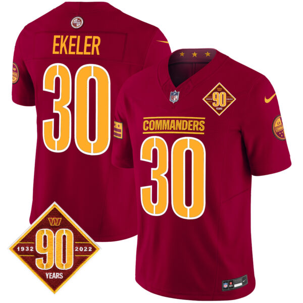 Men’s Washington Commanders 90th Anniversary Patch Vapor Limited Jersey – All Stitched – Burgundy – Austin Ekeler