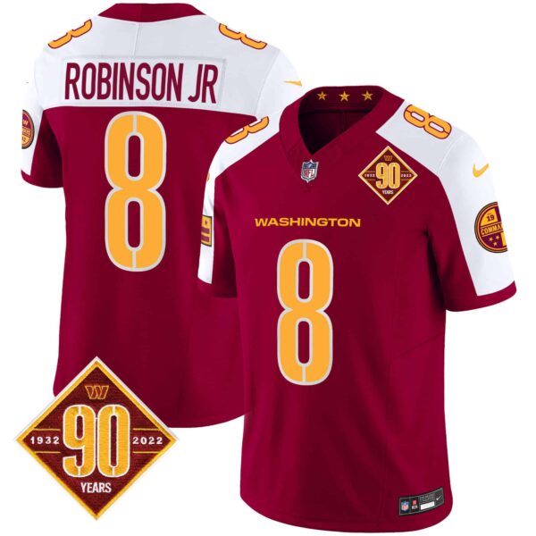 Men’s Washington Commanders 90th Anniversary Patch Vapor Jersey V3 – All Stitched – Burgundy Alternate – Robinson Jr.