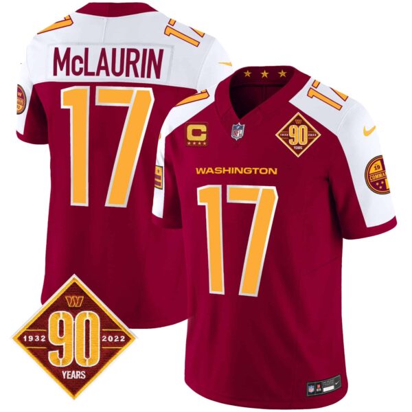 Men’s Washington Commanders 90th Anniversary Patch Vapor Jersey V3 – All Stitched – Burgundy Alternate – Terry McLaurin