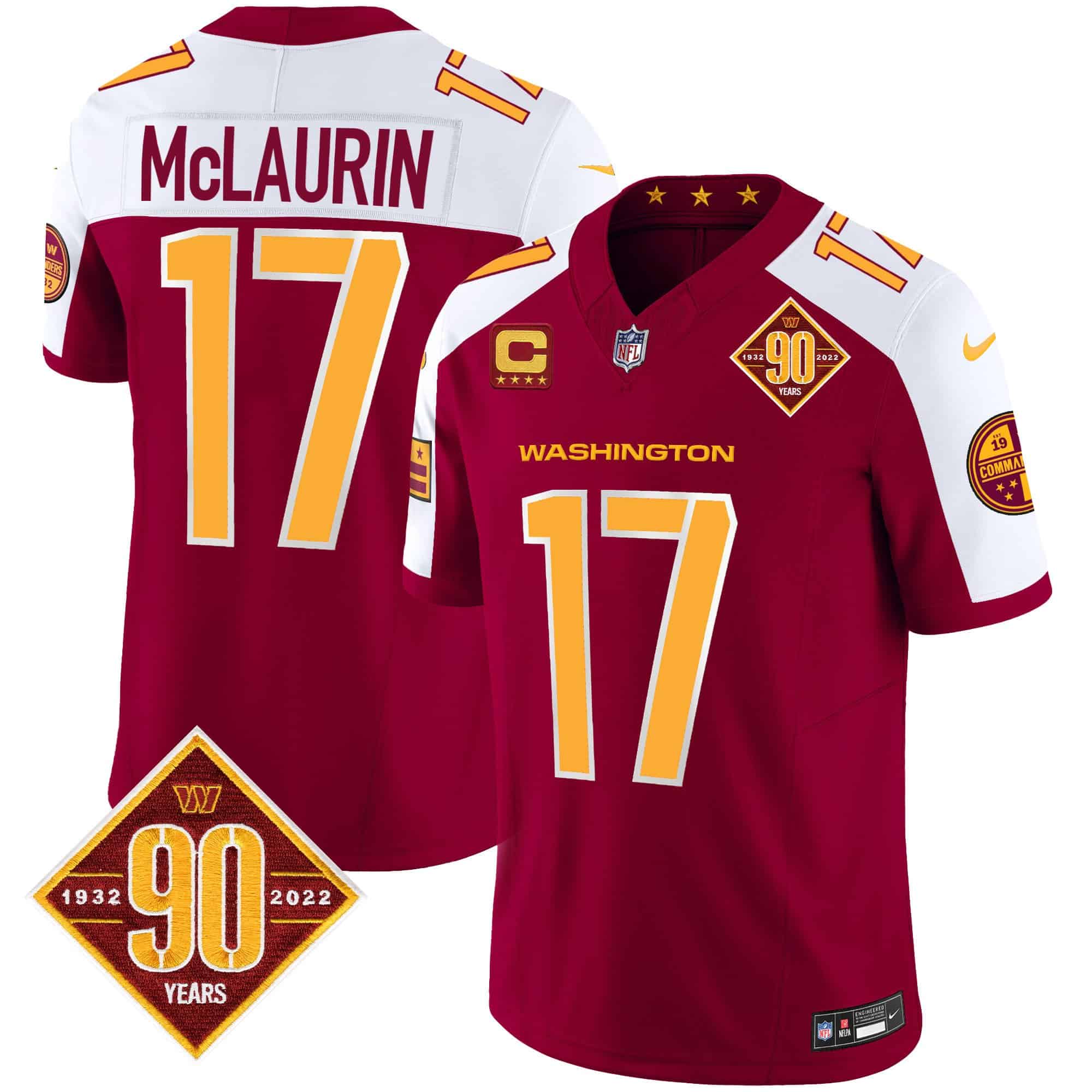 Men’s Washington Commanders 90th Anniversary Patch Vapor Jersey V3 – All Stitched – Burgundy Alternate – Terry McLaurin