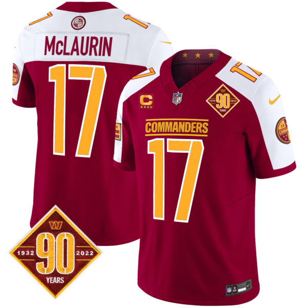 Men’s Washington Commanders 90th Anniversary Patch Vapor Limited Jersey – All Stitched – Burgundy Alternate – Terry McLaurin