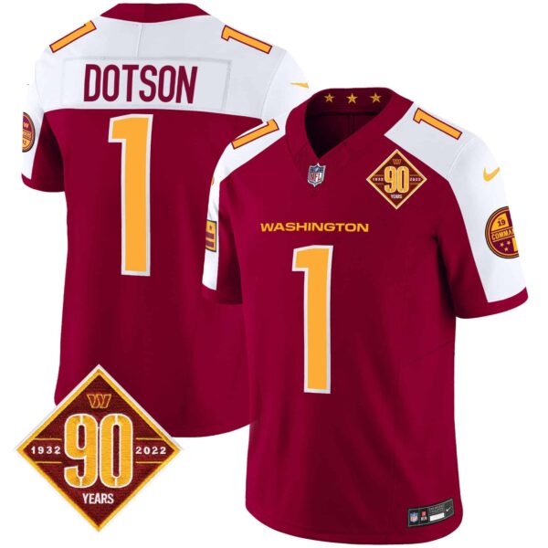 Men’s Washington Commanders 90th Anniversary Patch Vapor Jersey V3 – All Stitched – Burgundy Alternate – Jahan Dotson