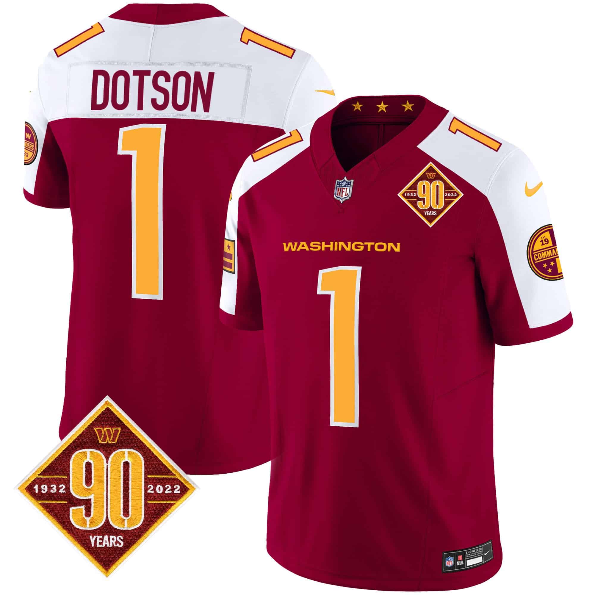 Men’s Washington Commanders 90th Anniversary Patch Vapor Jersey V3 – All Stitched – Burgundy Alternate – Jahan Dotson