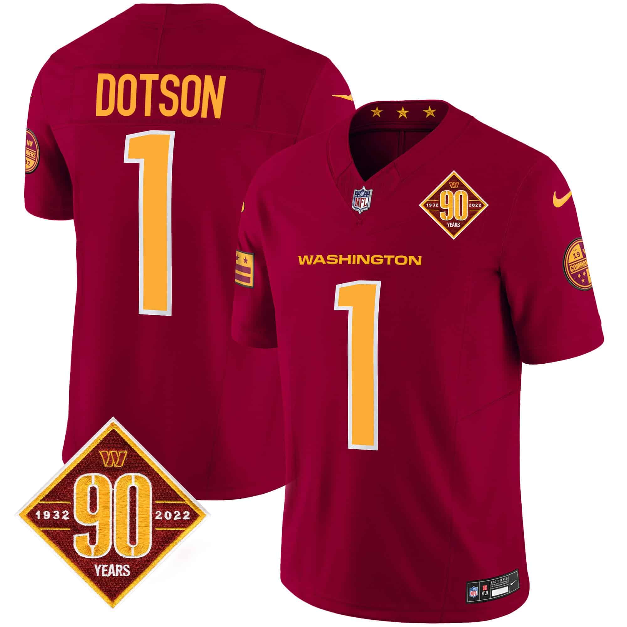 Men’s Washington Commanders 90th Anniversary Patch Vapor Jersey V3 – All Stitched – Burgundy – Jahan Dotson