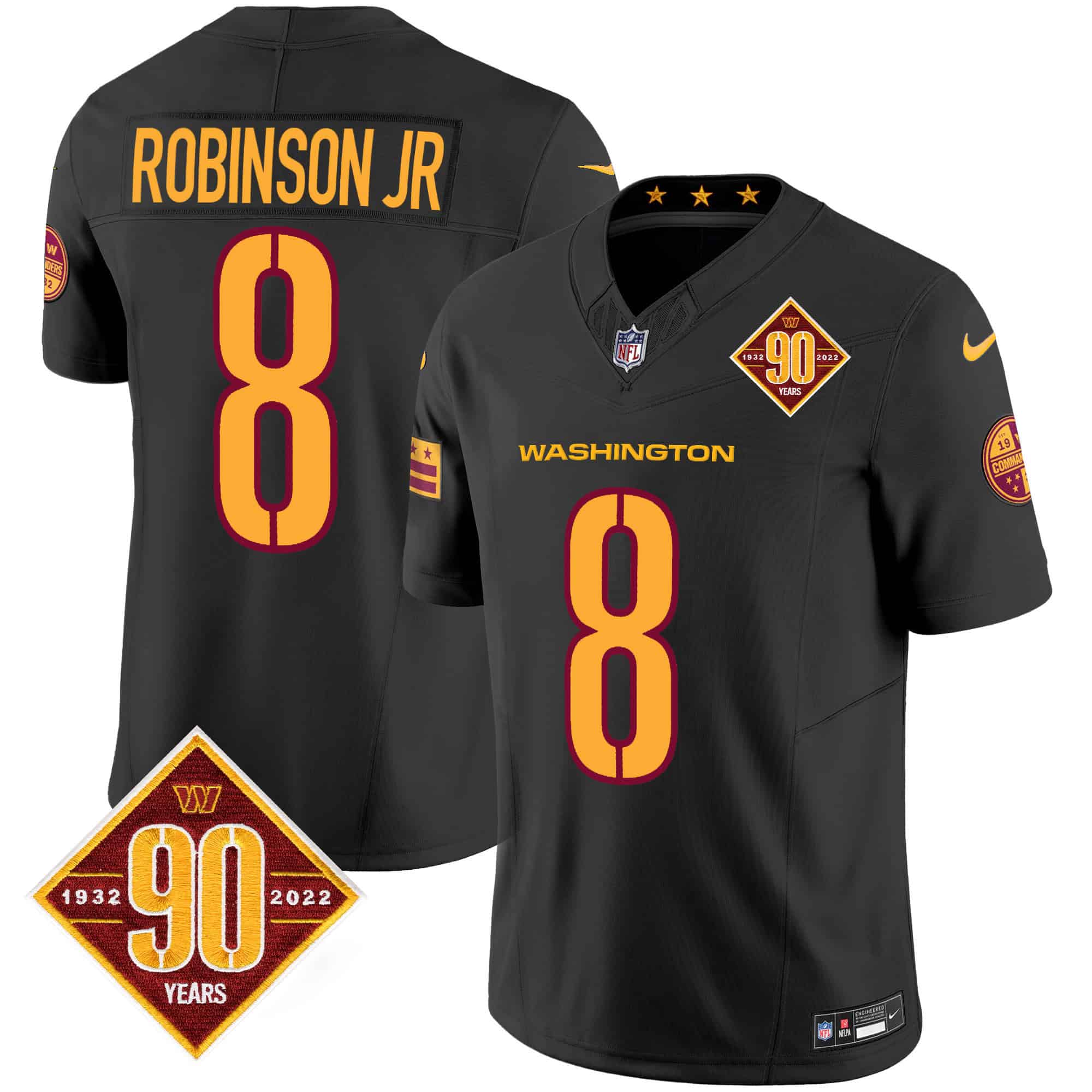 Men’s Washington Commanders 90th Anniversary Patch Vapor Jersey V3 – All Stitched – Black – Robinson Jr.