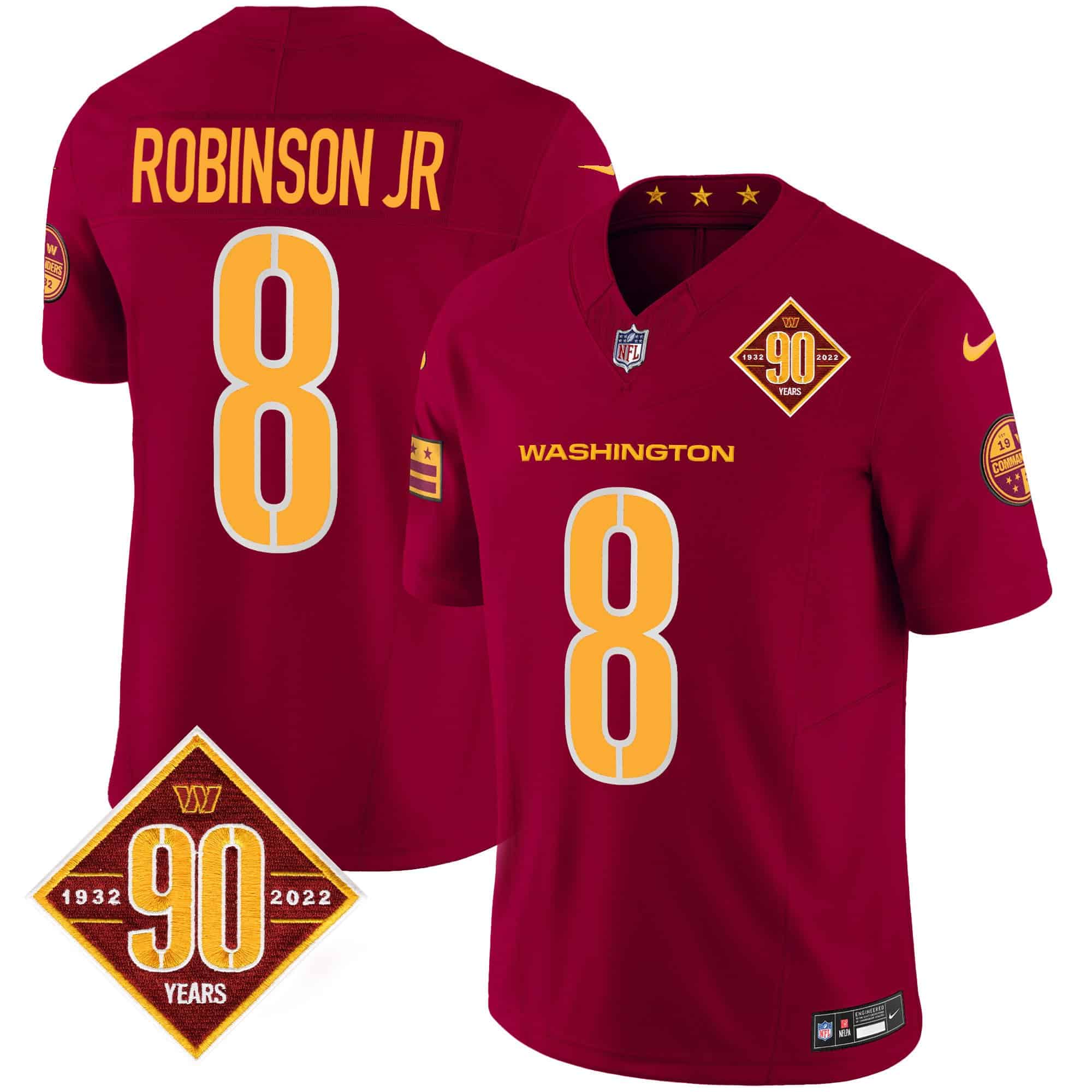 Men’s Washington Commanders 90th Anniversary Patch Vapor Jersey V3 – All Stitched – Burgundy – Robinson Jr.