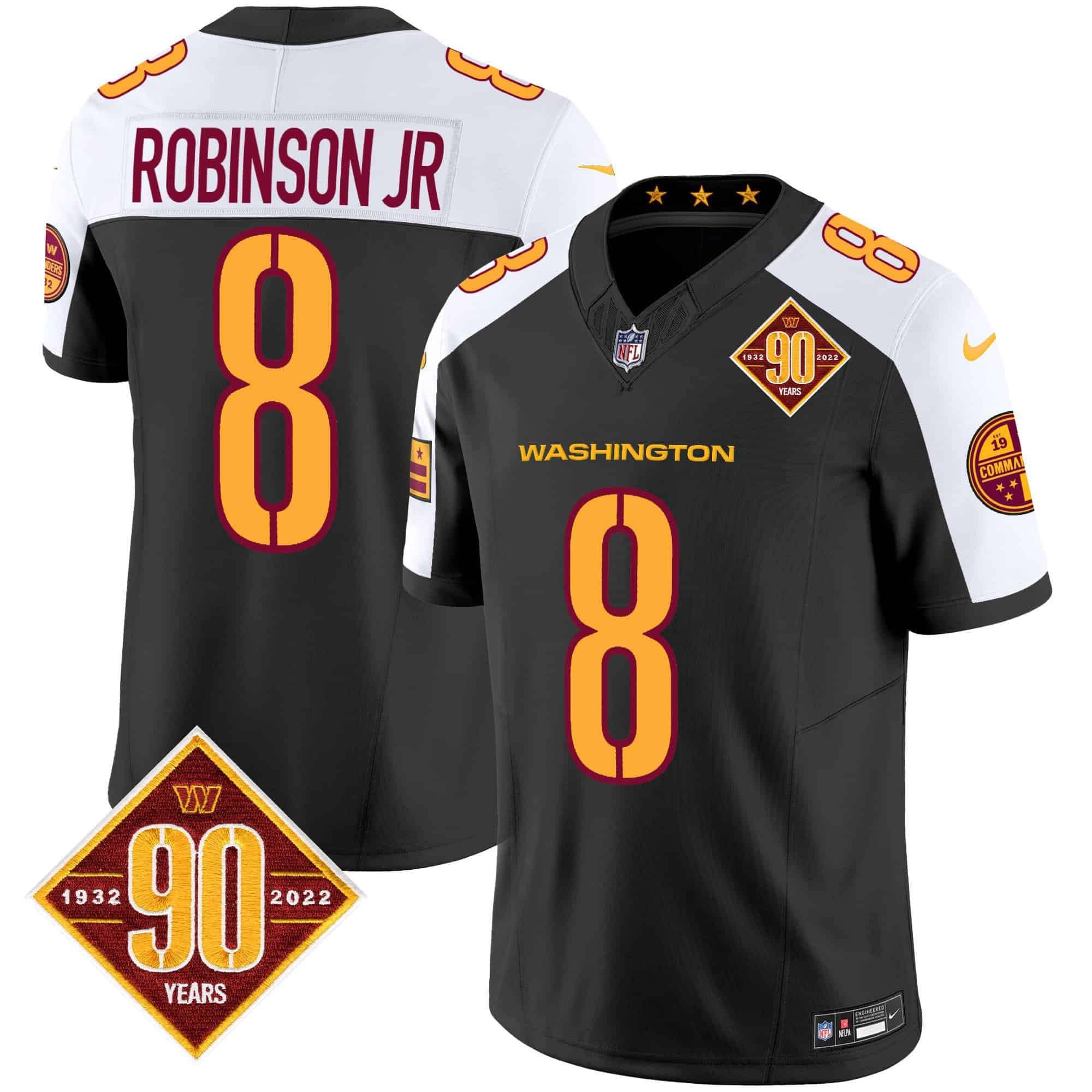 Men’s Washington Commanders 90th Anniversary Patch Vapor Jersey V3 – All Stitched – Black Alternate – Robinson Jr.