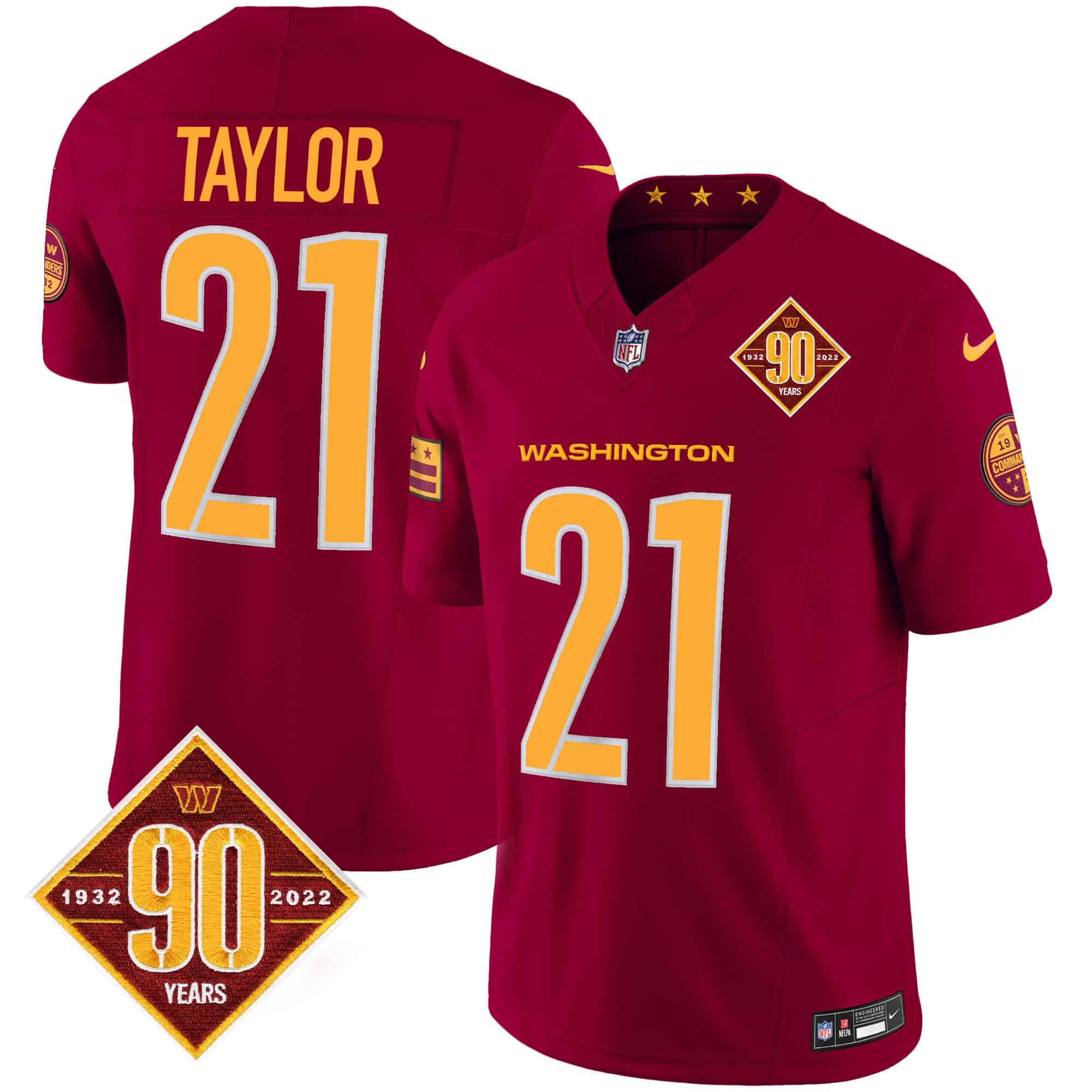 Men’s Washington Commanders 90th Anniversary Patch Vapor Jersey V3 – All Stitched – Burgundy – Sean Taylor