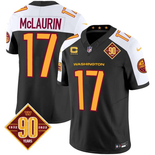 Men’s Washington Commanders 90th Anniversary Patch Vapor Jersey V3 – All Stitched – Black Alternate – Terry McLaurin