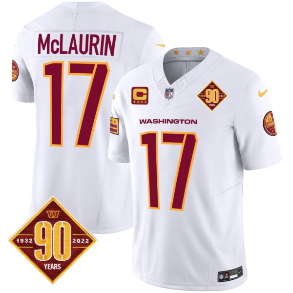 Men’s Washington Commanders 90th Anniversary Patch Vapor Jersey V3 – All Stitched – White – Terry McLaurin