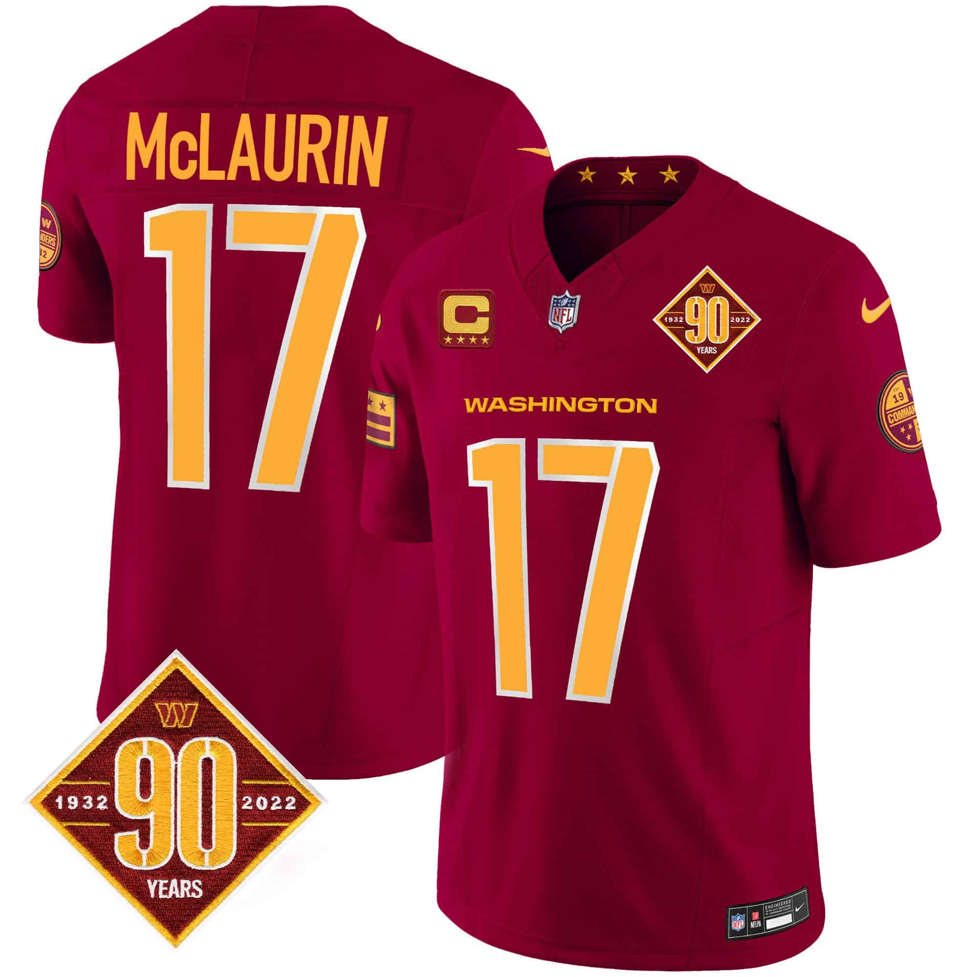 Men’s Washington Commanders 90th Anniversary Patch Vapor Jersey V3 – All Stitched – Burgundy – Terry McLaurin