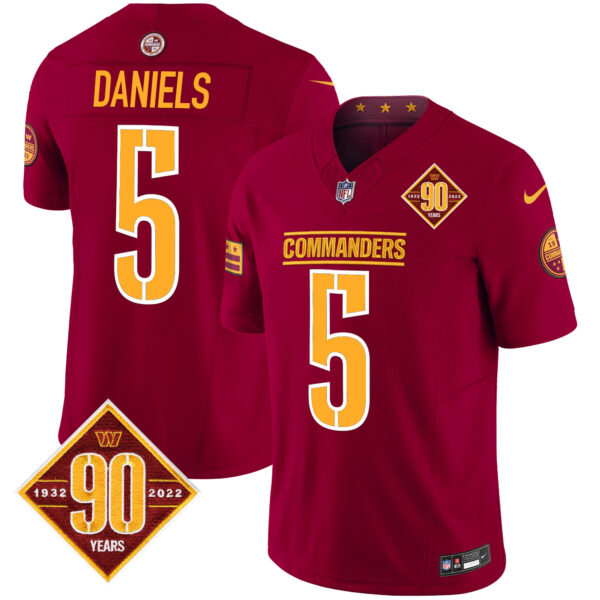 Men’s Washington Commanders 90th Anniversary Patch Vapor Limited Jersey – All Stitched – Burgundy – Jayden Daniels