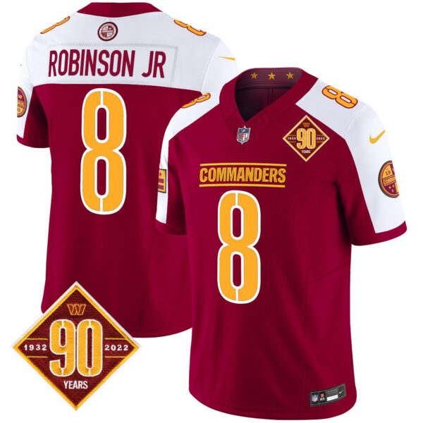 Men’s Washington Commanders 90th Anniversary Patch Vapor Limited Jersey – All Stitched – Burgundy Alternate – Robinson Jr.
