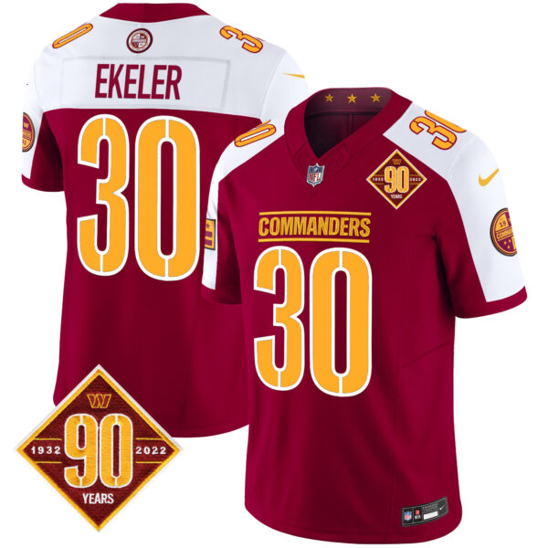 Men’s Washington Commanders 90th Anniversary Patch Vapor Limited Jersey – All Stitched – Burgundy Alternate – Austin Ekeler