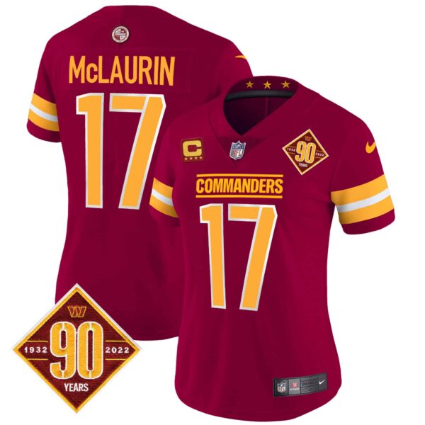 Women’s Washington Commanders 90th Anniversary Patch Vapor Jersey V2 – All Stitched – Burgundy – Terry McLaurin