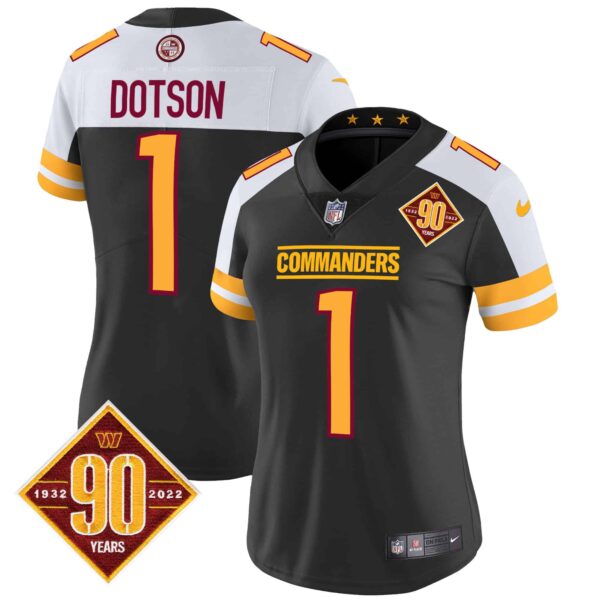 Women’s Washington Commanders 90th Anniversary Patch Vapor Jersey V2 – All Stitched – Black Alternate – Jahan Dotson