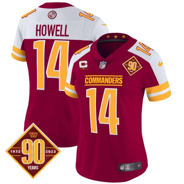 Women’s Washington Commanders 90th Anniversary Patch Vapor Jersey V2 – All Stitched – Burgundy Alternate – Sam Howell