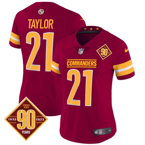 Women’s Washington Commanders 90th Anniversary Patch Vapor Jersey V2 – All Stitched – Burgundy – Sean Taylor