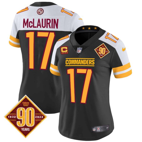 Women’s Washington Commanders 90th Anniversary Patch Vapor Jersey V2 – All Stitched – Black Alternate – Terry McLaurin