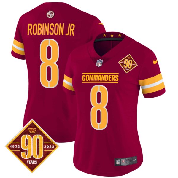 Women’s Washington Commanders 90th Anniversary Patch Vapor Jersey V2 – All Stitched – Burgundy – Robinson Jr.