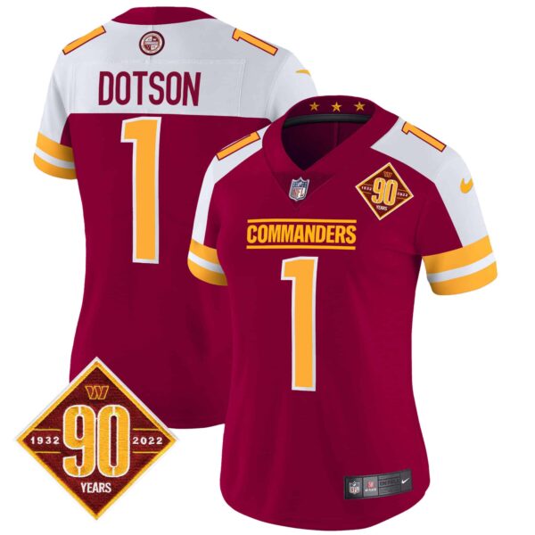 Women’s Washington Commanders 90th Anniversary Patch Vapor Jersey V2 – All Stitched – Burgundy Alternate – Jahan Dotson