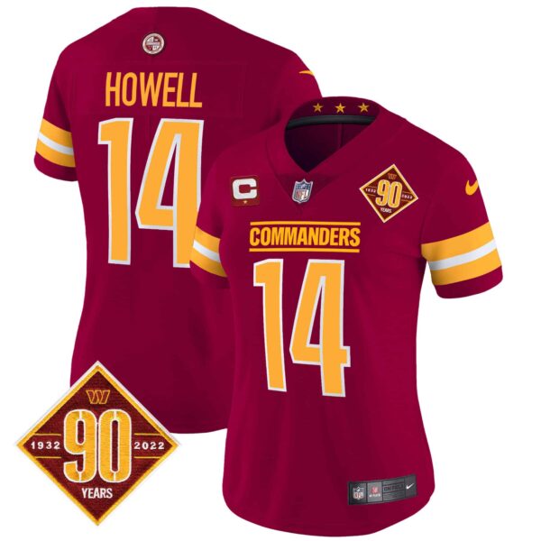 Women’s Washington Commanders 90th Anniversary Patch Vapor Jersey V2 – All Stitched – Burgundy – Sam Howell