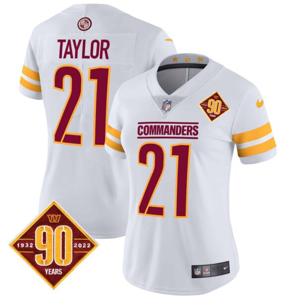Women’s Washington Commanders 90th Anniversary Patch Vapor Jersey V2 – All Stitched – White – Sean Taylor