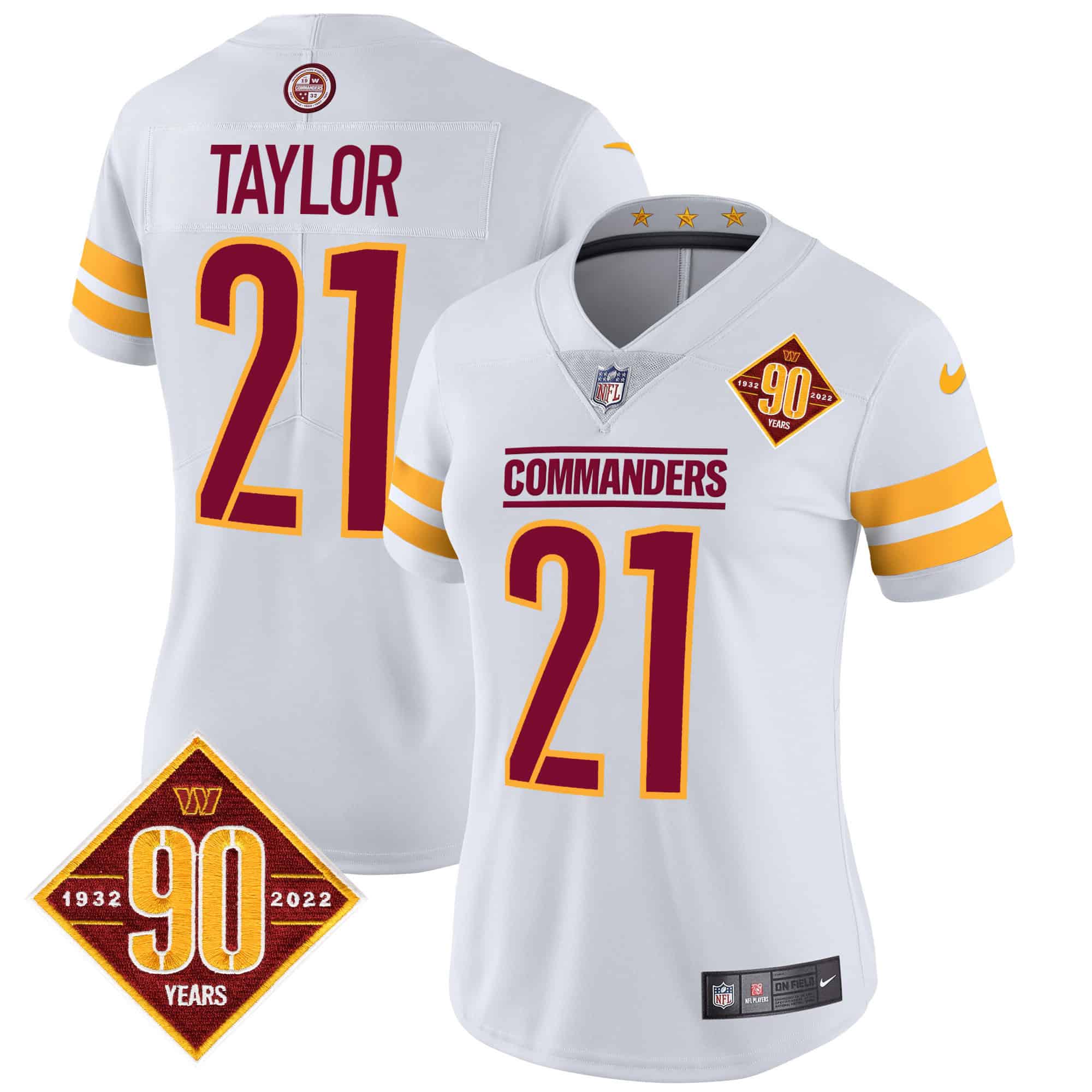 Women’s Washington Commanders 90th Anniversary Patch Vapor Jersey V2 – All Stitched – White – Sean Taylor
