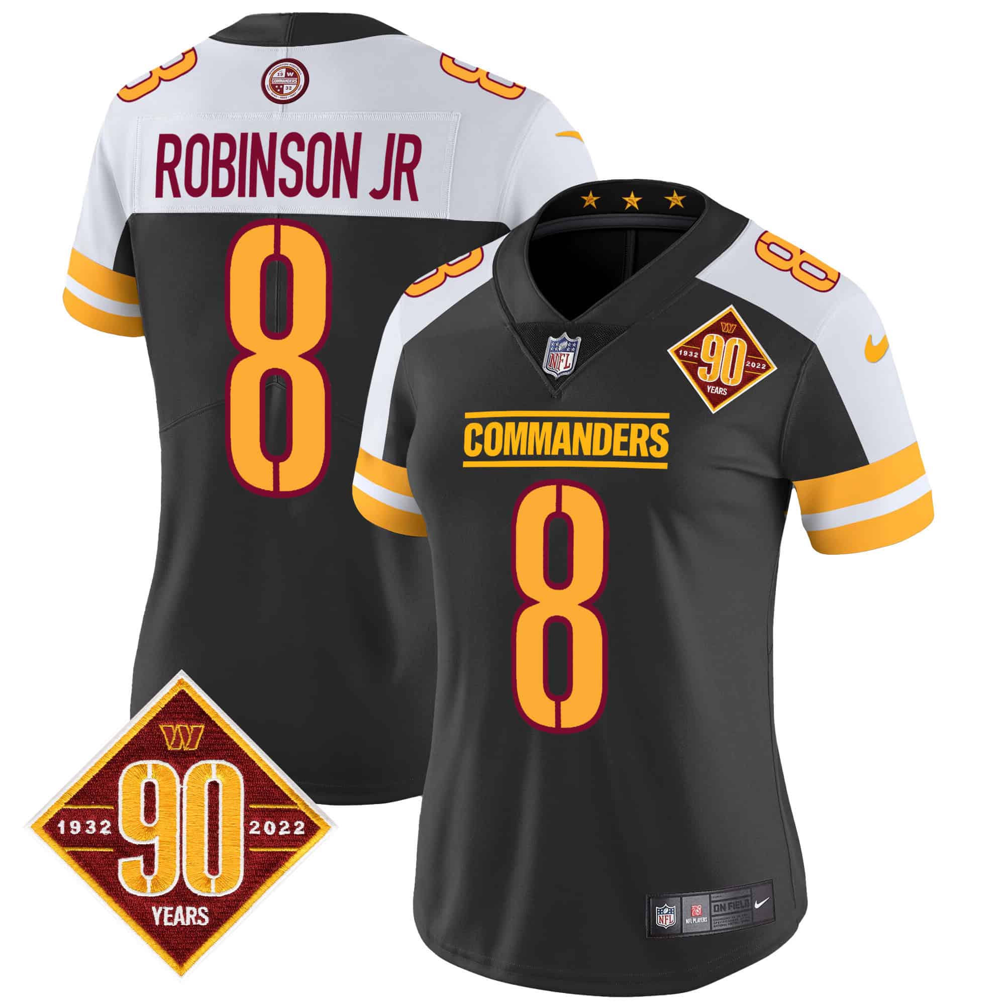 Women’s Washington Commanders 90th Anniversary Patch Vapor Jersey V2 – All Stitched – Black Alternate – Robinson Jr.
