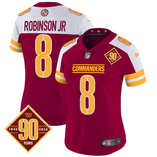 Women’s Washington Commanders 90th Anniversary Patch Vapor Jersey V2 – All Stitched – Burgundy Alternate – Robinson Jr.