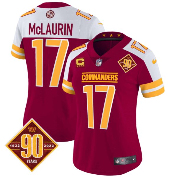 Women’s Washington Commanders 90th Anniversary Patch Vapor Jersey V2 – All Stitched – Burgundy Alternate – Terry McLaurin