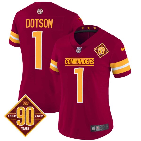 Women’s Washington Commanders 90th Anniversary Patch Vapor Jersey V2 – All Stitched – Burgundy – Jahan Dotson