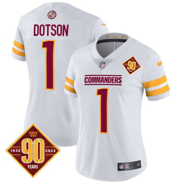 Women’s Washington Commanders 90th Anniversary Patch Vapor Jersey V2 – All Stitched – White – Jahan Dotson