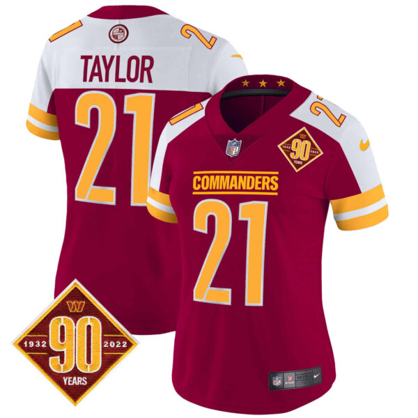 Women’s Washington Commanders 90th Anniversary Patch Vapor Jersey V2 – All Stitched – Burgundy Alternate – Sean Taylor