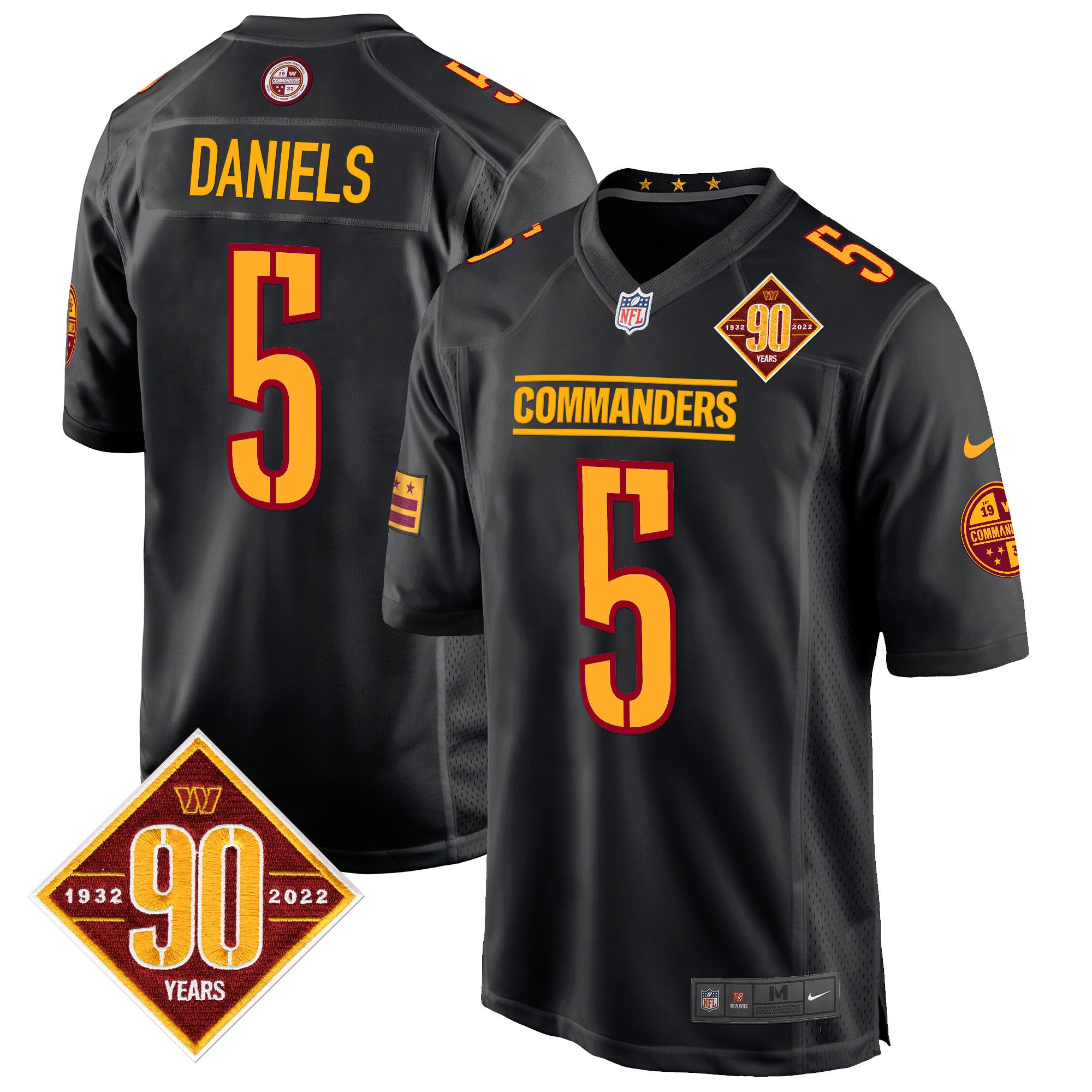 Washington Commanders 90th Anniversary Patch Game Jersey – All Stitched – Black – Jayden Daniels Jersey