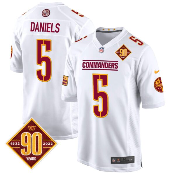 Washington Commanders 90th Anniversary Patch Game Jersey – All Stitched – White – Jayden Daniels Jersey