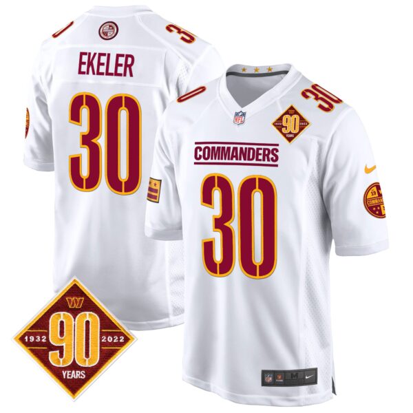 Washington Commanders 90th Anniversary Patch Game Jersey – All Stitched – White – Austin Ekeler Jersey