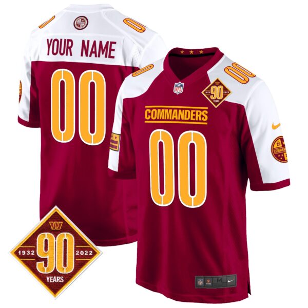 Washington Commanders 90th Anniversary Patch Game Custom Jersey – All Stitched – Burgundy Alternate Jersey