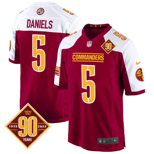 Washington Commanders 90th Anniversary Patch Game Jersey – All Stitched – Burgundy Alternate – Jayden Daniels Jersey